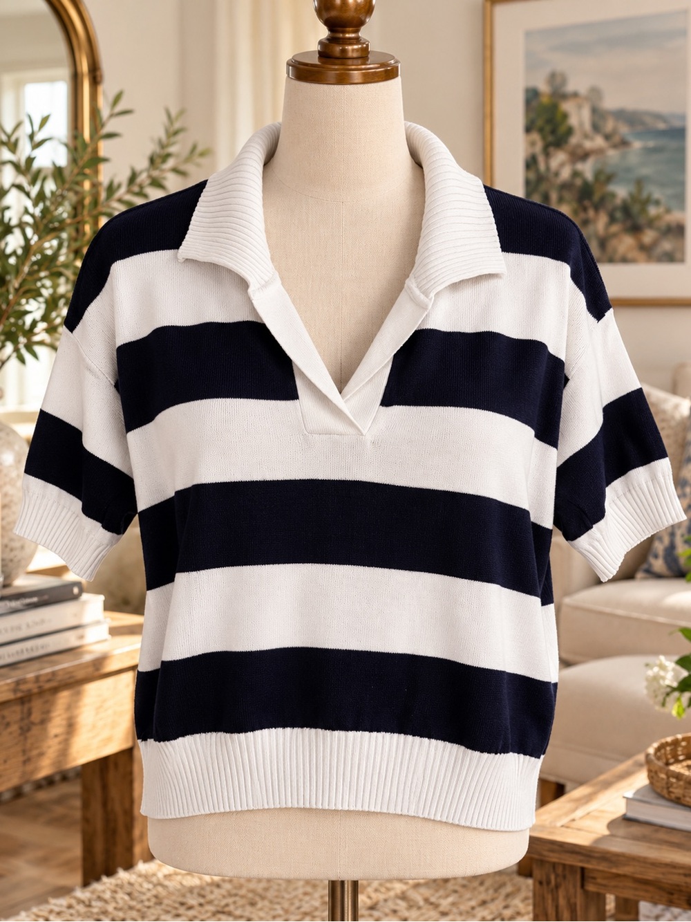 Cyrus Navy and White Striped V-Neck Polo Sweater